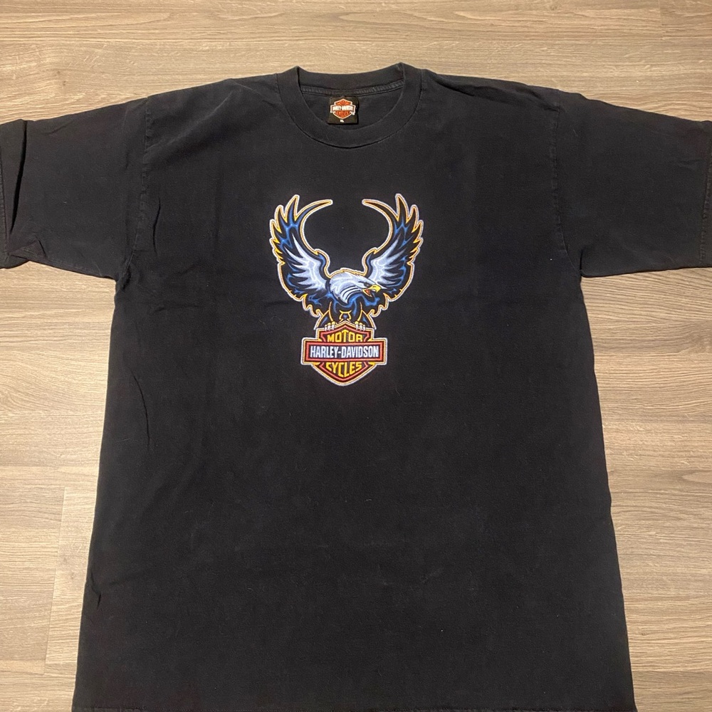 Y2K Harley-Davidson Black T-shirt with Blue Eagle Graphic (2004)